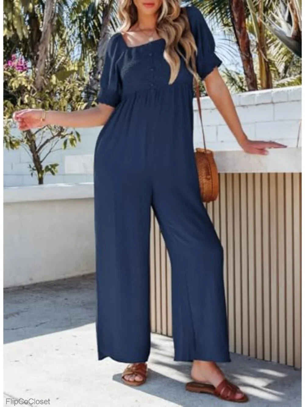 Women's Wide Leg Jumpsuit Lantern Sleeve Romper with Pockets Summer